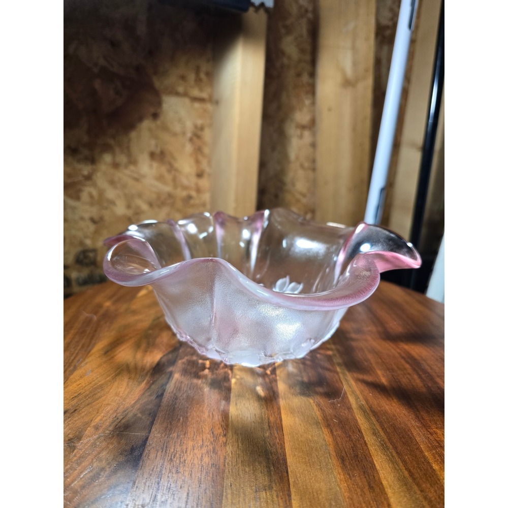 Vintage Mikasa Rosella Walther Glas Pink Frosted Ruffled Floral Bowl 8" Germany